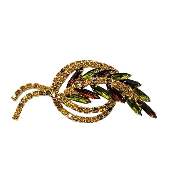 Vintage Jewelry - Autumn Fall Peridot Topaz Rhinestone Orange Green Flower Brooch Vintage